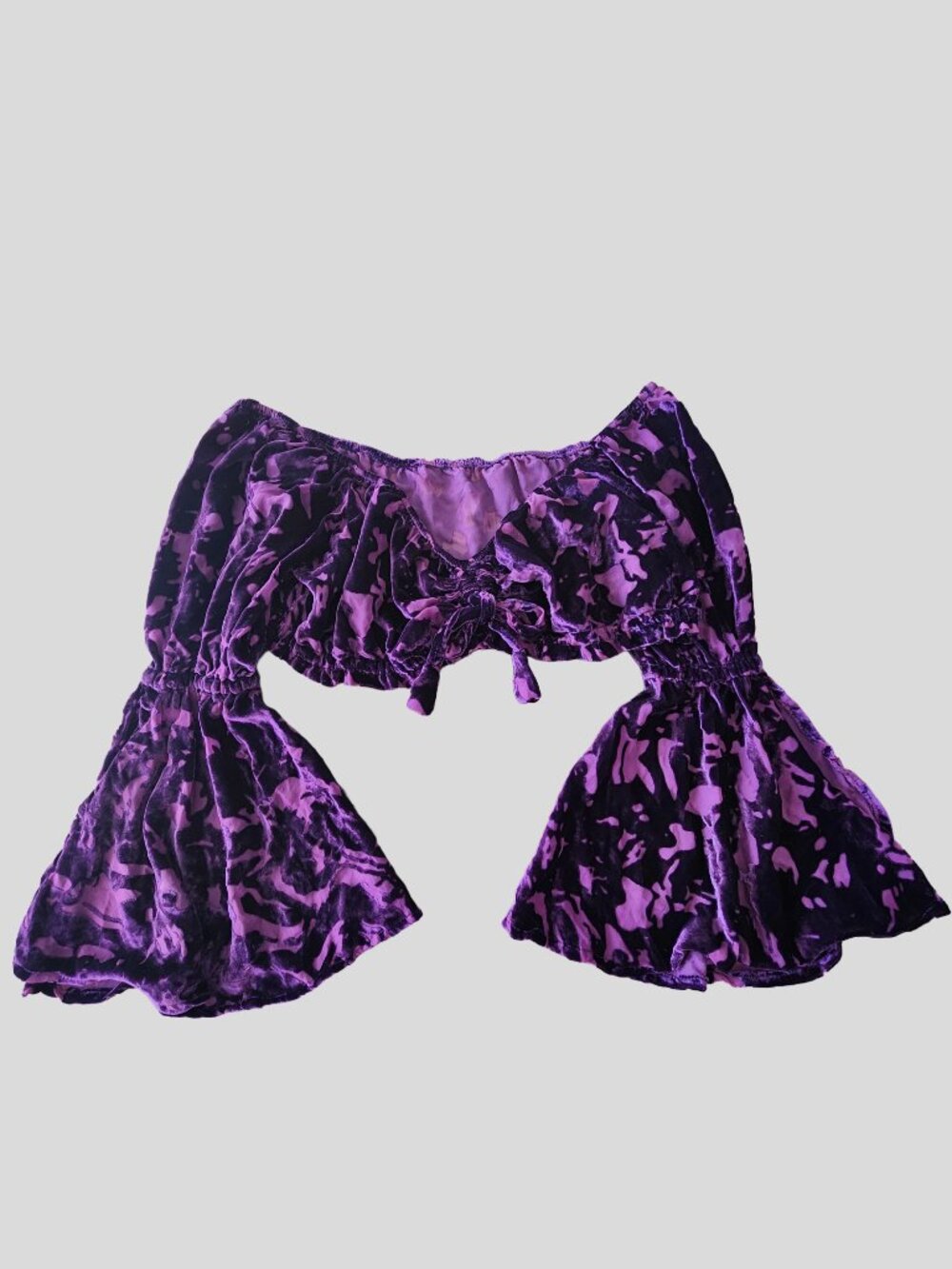 Purple Crushed Velvet Whimsigoth Sheer Cropped Blouse w/ Dramatic Bell Sleeves